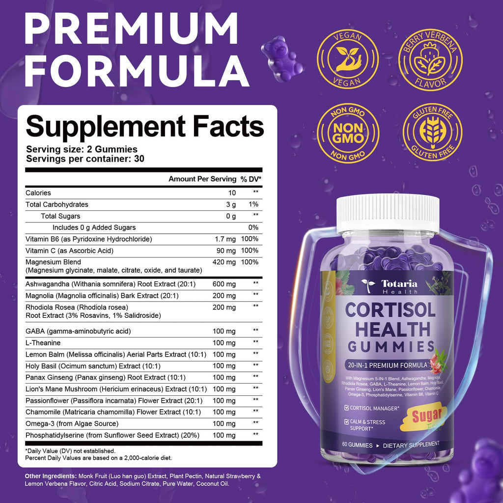 Cortisol Supplements for Women & Men 20-in-1 Cortisol Gummies with Ashwagandha Rhodiola Rosea Magnesium Phosphatidylserine Calm Focus Mood Support Healthy Cortisol Levels 30 Day Supply TotariaBuy Supplements Australia