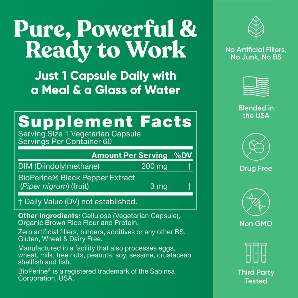 DIM Supplement Pure 200 Mg for Women or Men - Estrogen Hormone Balance Supplement for Energy, Fatigue, Stress, Menopause, Hot Flashes - Enhanced Bioavailability BioPerine - 60 Vegan Soft Capsules Eu Natural buy supplements Au