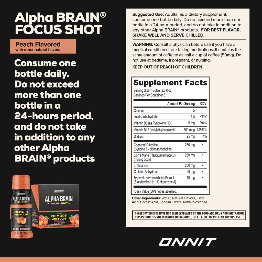 ONNIT Alpha Brain Focus Shot, Peach Flavor, Nootropic Dietary Supplement Drink That Supports Energy, Focus, and Mood, IGEN™ Non-GMO Tested, 2.5 fl oz, 6 Count ONNITBuy Supplements Australia