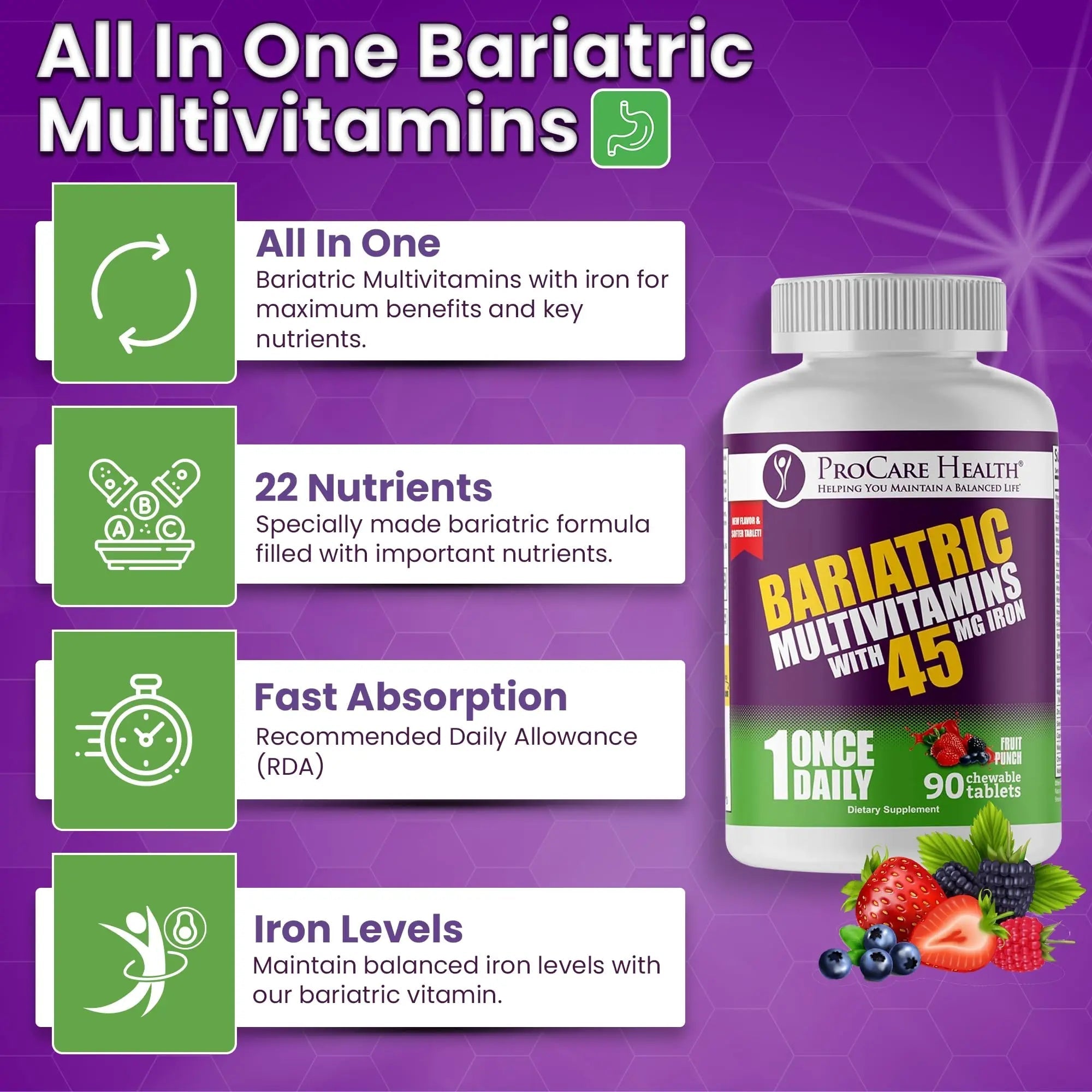 Procare Health Bariatric Multivitamin with Iron 45mg Chewable (90 Tablets) - Fruit Punch Flavor Bariatric Multivitamin Chewable Pills for Gastric Bypass ProCare HealthBuy Supplements Australia