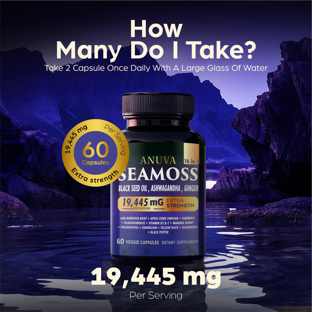 Anuva 16-in-1 Sea Moss Capsules | Black Seed Oil, Ashwagandha, with Vitamin C, D3, Turmeric, Burdock, Bladderwrack & Multi-Minerals | Immune, Skin, Joint & Energy Support | 60 Veggie Capsules AnuvaBuy Supplements Australia