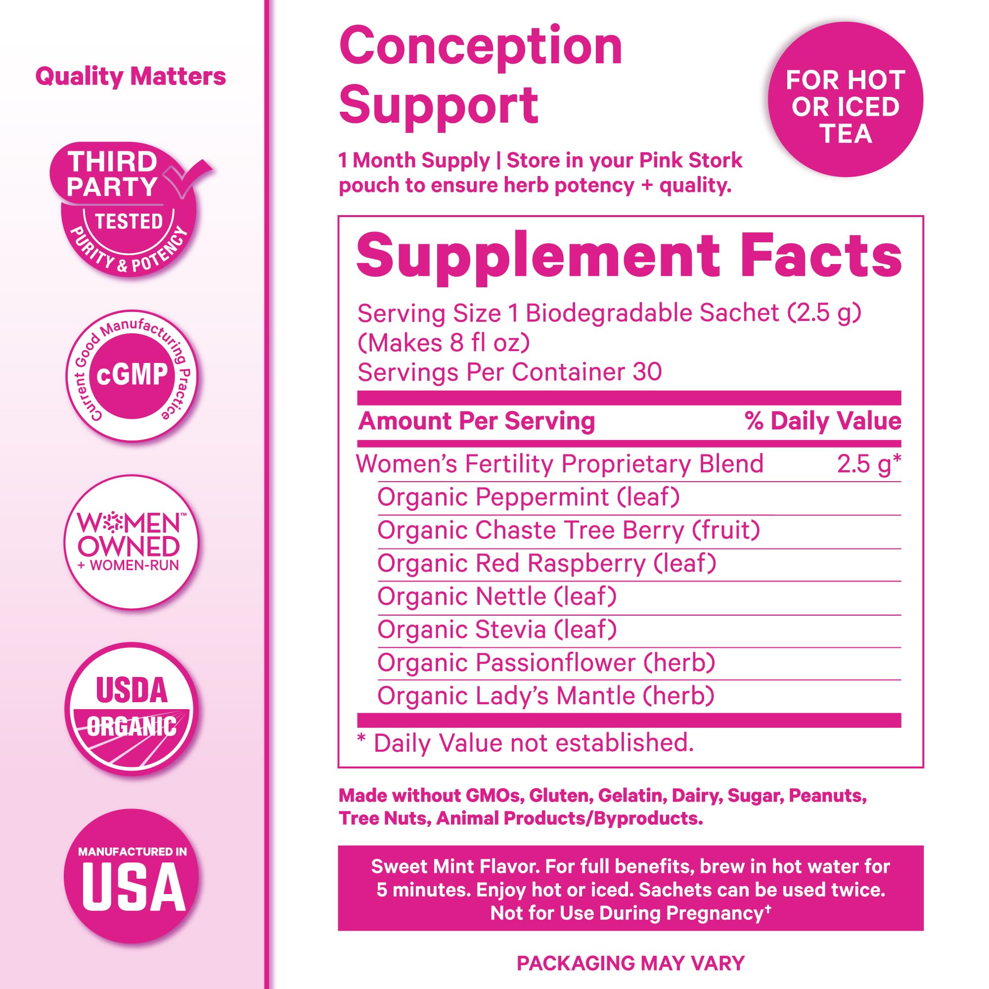 Pink Stork Organic Fertility Tea for Women | Fertility Supplements for Women with Chaste Tree Berry (Vitex) + Red Raspberry Leaf | Hormone Balance Herbal Tea for Conception Support | USDA Organic, Caffeine Free - Sweet Mint, 15 Sachets Pink StorkBuy Supplements Australia