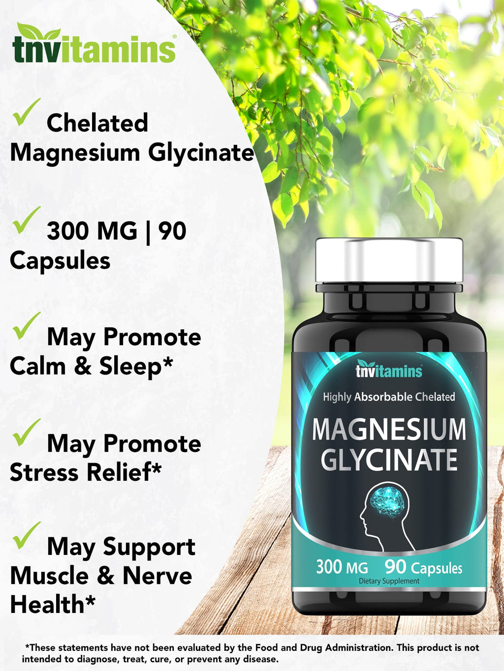 tnvitamins Magnesium Glycinate 300mg, 90 Capsules | High Absorption Chelated Magnesium for Sleep, Calm & Muscle Support