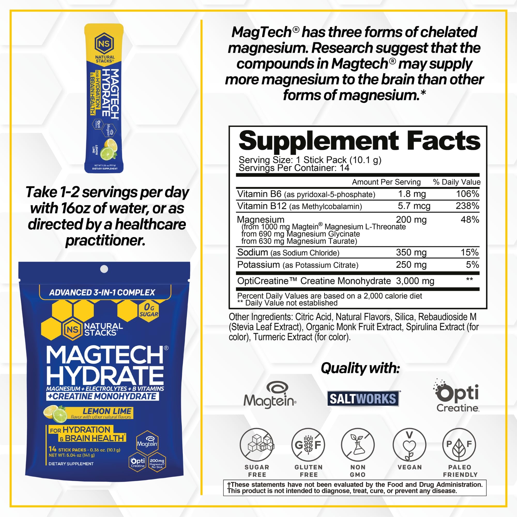 NATURAL STACKS Magtech Magnesium Hydrate + Creatine - Sugar Free Electrolyte Drink - Magtein Magnesium L-Threonate, Glycinate & Taurate - Supports Hydration & Cellular Energy - 14 Hydration Packets NATURAL STACKSBuy Supplements Australia