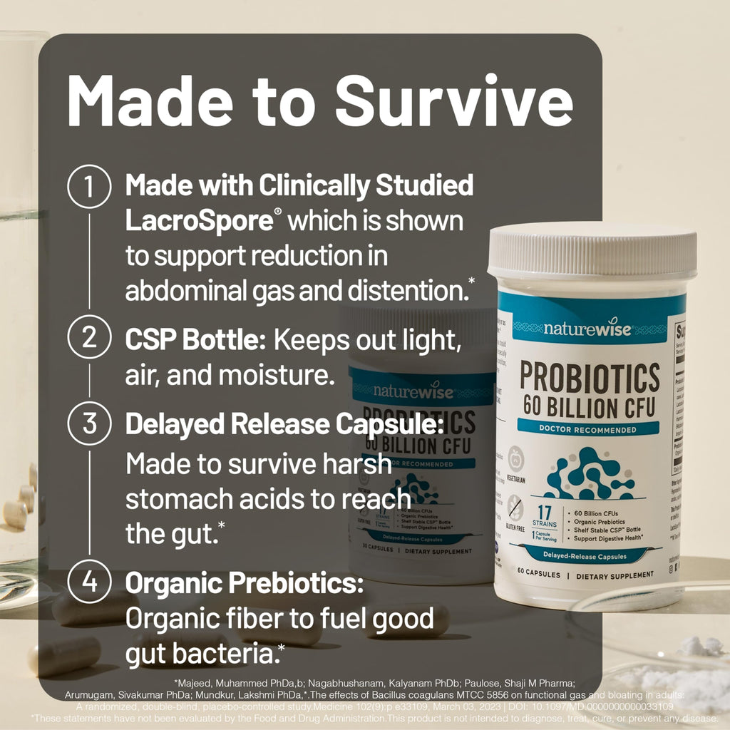 NatureWise Probiotics 60 Billion CFU - 17 Strains + Organic Prebiotics - Immune, Digestive & Gut Health Support for Women & Men - Vegetarian, Gluten-Free,