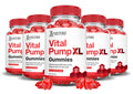 Bottles of Vital Pump XL Gummies with red and white labels on a white background