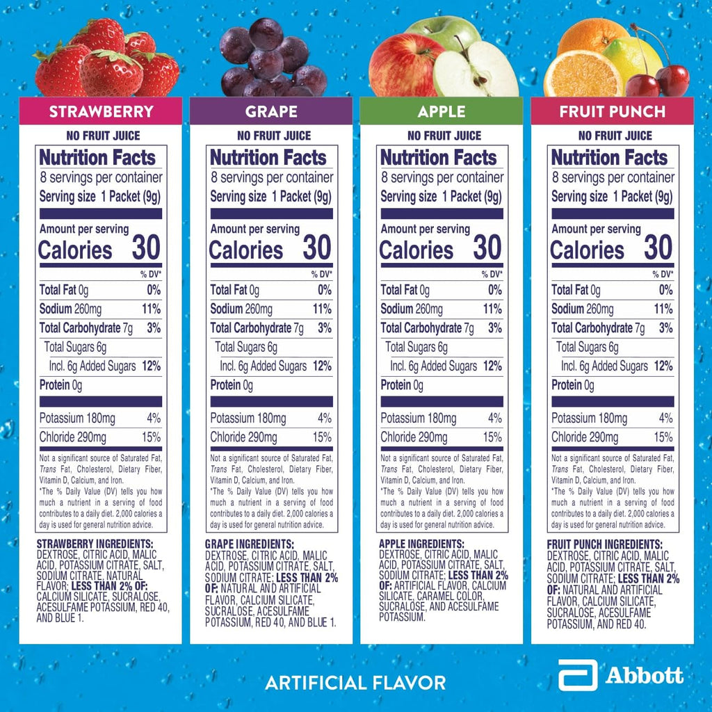 Pedialyte Electrolyte Powder, Hydration Drink for Kids & Adults, Variety Pack: Strawberry, Fruit Punch, Grape, and Apple, 24 Powder Packets