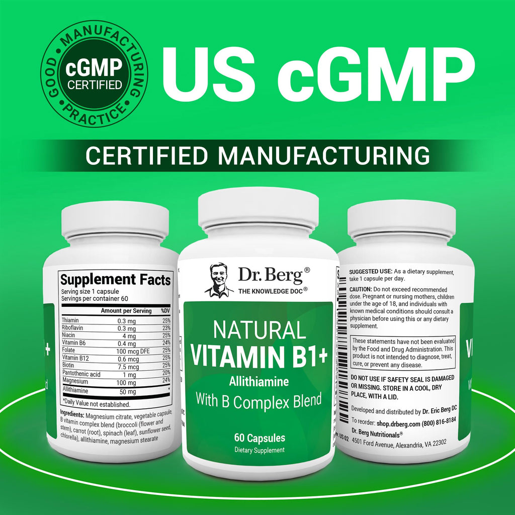Dr. Berg Natural Vitamin B1 B6 B12 Complex - Allithiamine Vitamin B1 Supplement with 8 Essential Vitamin B Complex for Men & Women Including Thiamin, Niacin, Folate, Magnesium & More - 60 Capsules Dr. Berg NutritionalsBuy Supplements Australia