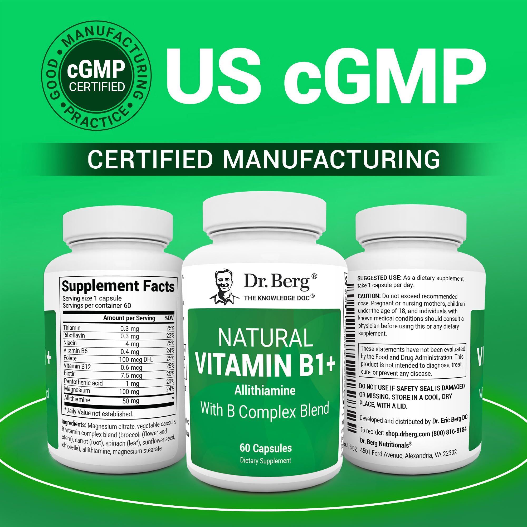Dr. Berg Natural Vitamin B1 B6 B12 Complex - Allithiamine Vitamin B1 Supplement with 8 Essential Vitamin B Complex for Men & Women Including Thiamin