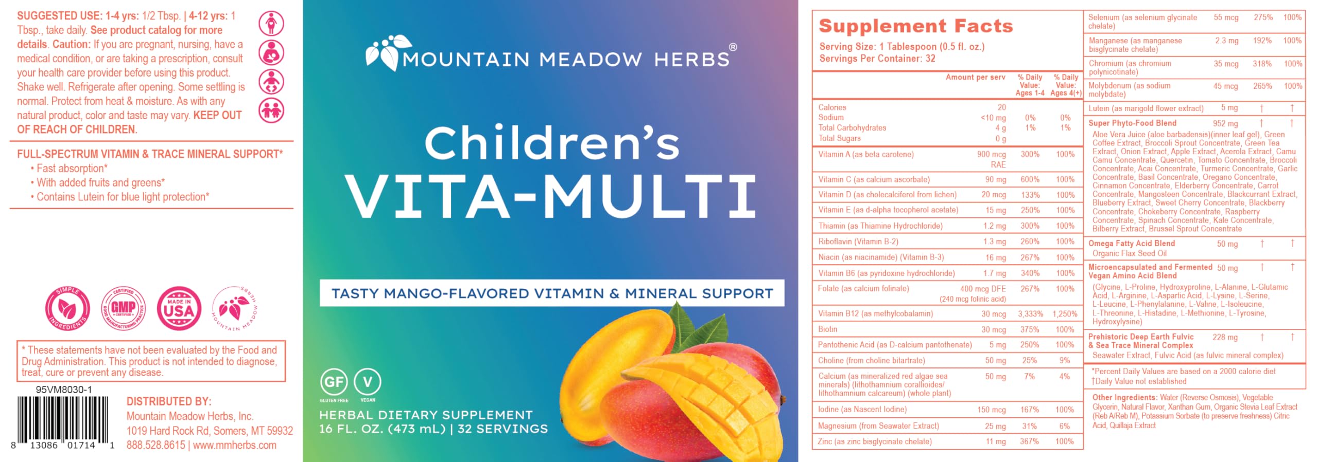 Mountain Meadow Herbs Children's Vita-Multi: Blended Vitamin & Mineral Supplement - Fast Absorbing Liquid Kids Vitamins with Fruits, Greens, and Eye-Protecting Lutein (16 oz.) Mountain Meadow HerbsBuy Supplements Australia