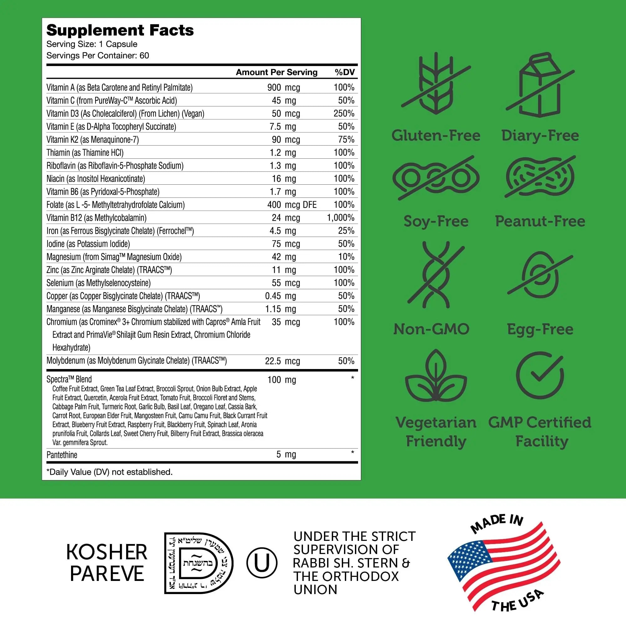 Zahler - One Daily Vegan Multivitamins for Women & Men (60 Count) Kosher Essential Vitamins & Minerals with Whole Food Spectra Blend Zahler