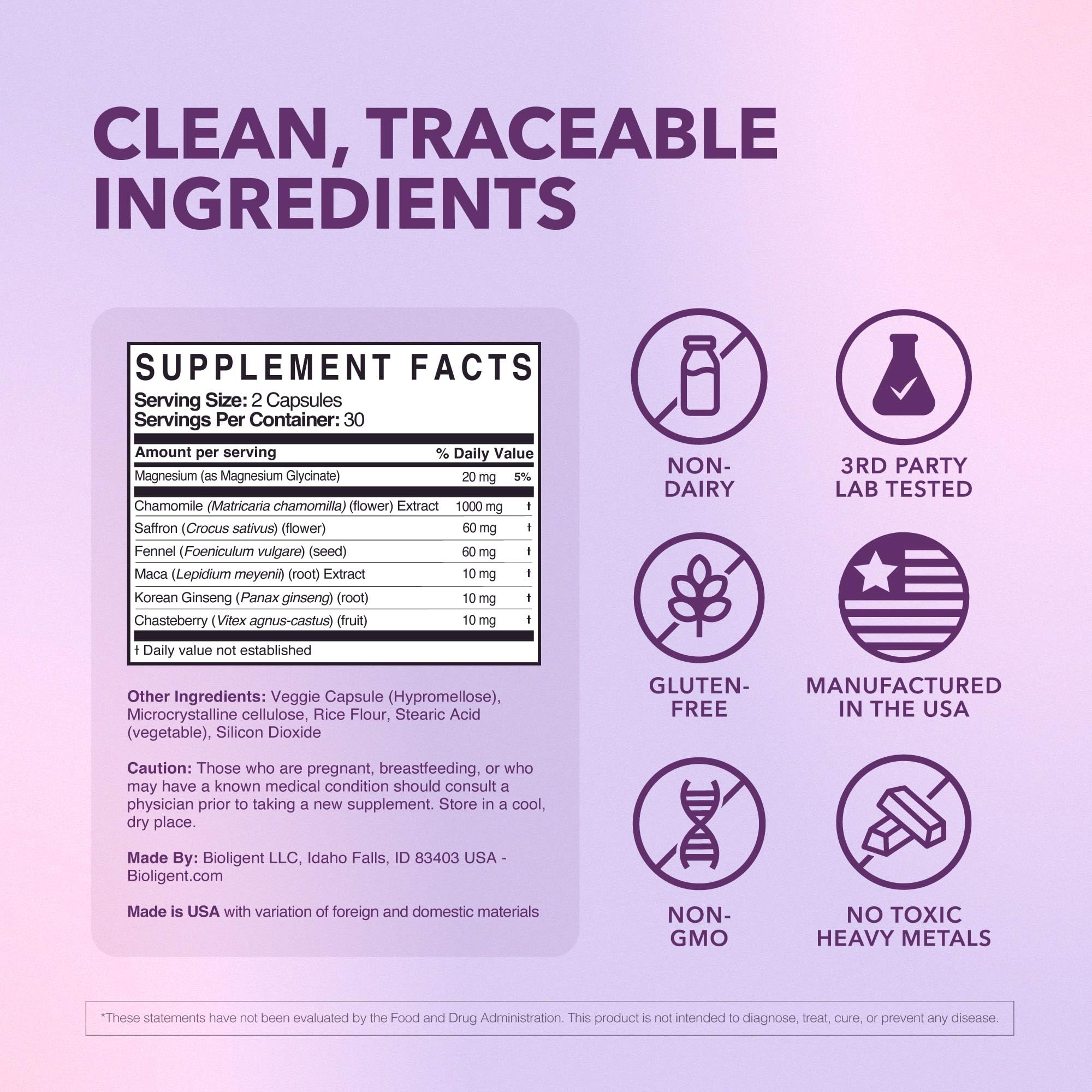 Bioligent Menopause Support Supplement for Women, Hot Flash, Sleep, Mood & Focus Support, Hormone-Free with Maca, Ginseng, Chamomile & Saffron, Non-GMO, 60 Capsules, 30 Day Supply BIOLIGENTBuy Supplements Australia