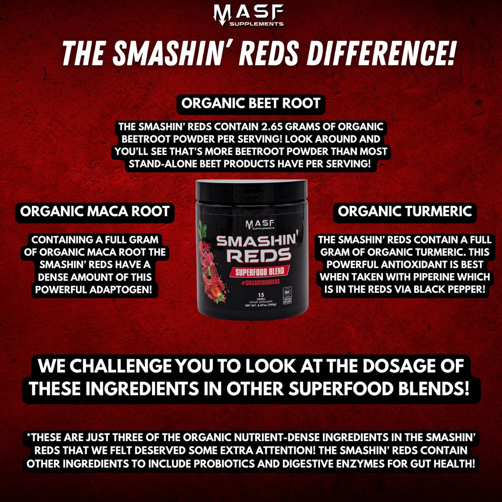 MASF Smashin' Reds Organic Superfood Supplements - 15 Servings - NSF Sport, Super Reds for Digestive Health, Energy, Endurance, Beet Root, Maca, Turmeric, Ginger, Acai, Nitric Oxide Production MASFBuy Supplements Australia