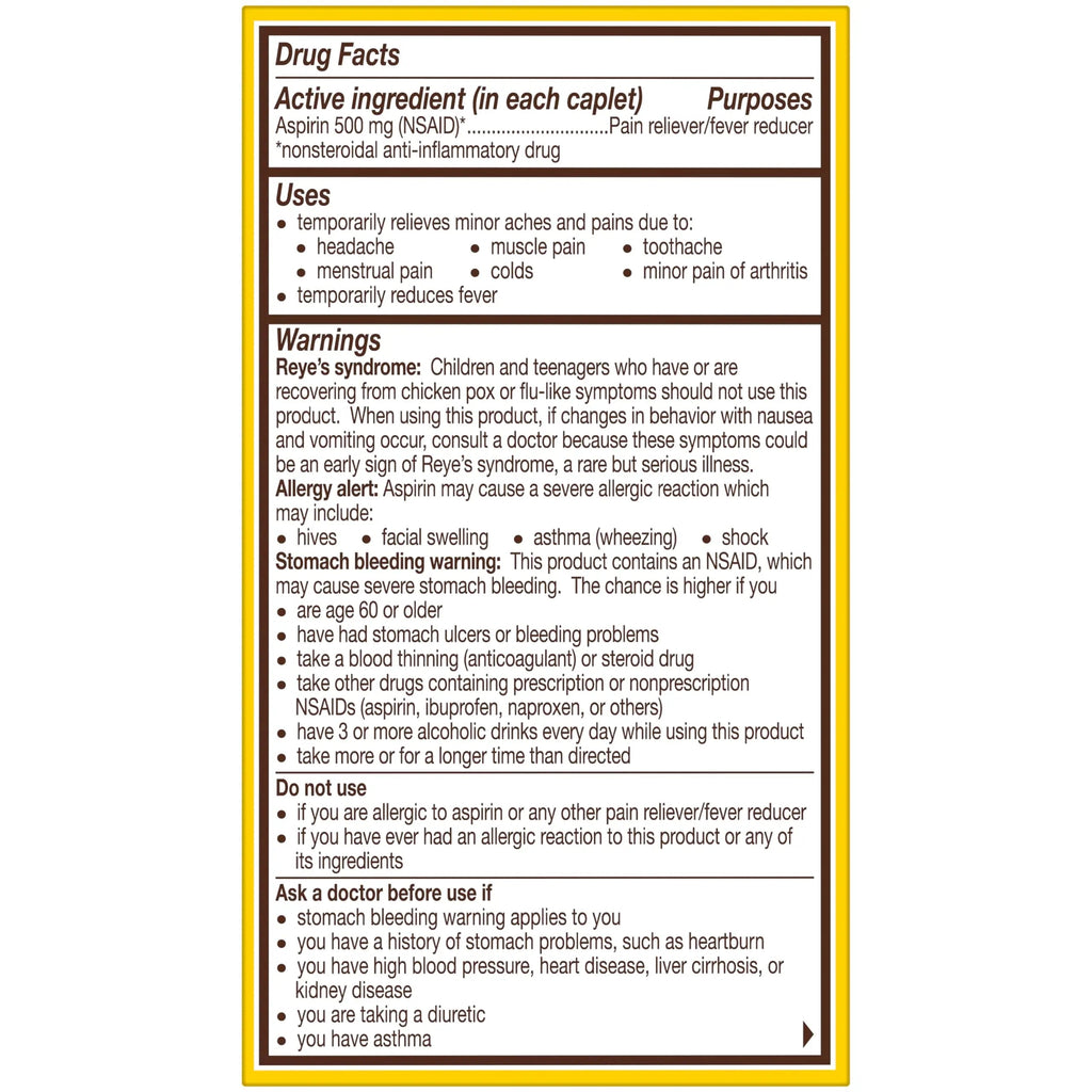 Bayer Aspirin Extra Strength, Aspirin 500mg, Pain Relief Pills, Fever Reducer and Headache Relief for Adults, 100 ct BayerBuy Supplements Australia