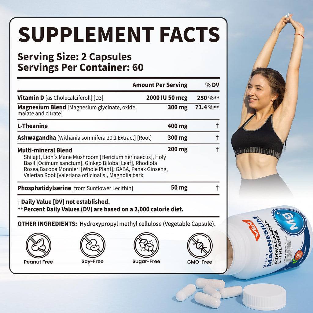 VEV DeepCalm Magnesium Complex for Women – 15-in-1 Glycinate & Citrate Capsules with Ashwagandha & L-Theanine – 120 Vegan Capsules