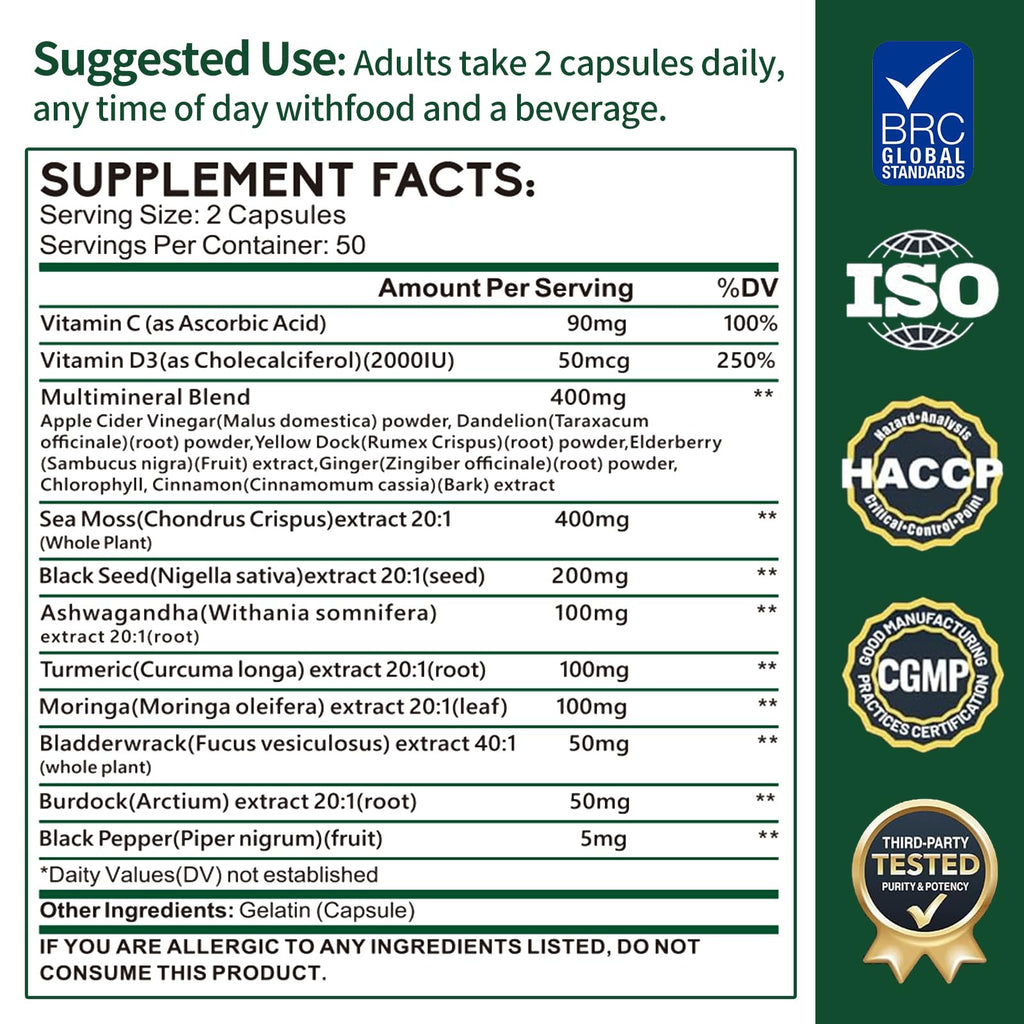 Zhibenon Sea Moss Capsules with Bladderwrack & Burdock - 50 Day Supply - Powerful Formula with Black Seed Oil, Ashwagandha, Turmeric, Vitamin C, Vitamin D3, Moringa & Black Pepper Extract ZhibenonBuy Supplements Australia