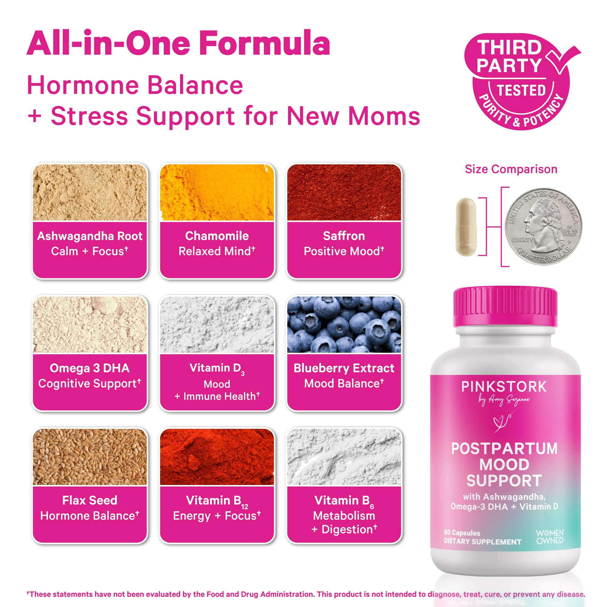 Pink Stork Postpartum Mood Support - Postnatal Hormone Balance for Women - Breastfeeding Friendly - Stress & Cognitive Support, New Mom Essentials - Ashwagandha, Chamomile, & Vitamin D, 60 Capsules Pink StorkBuy Supplements Australia