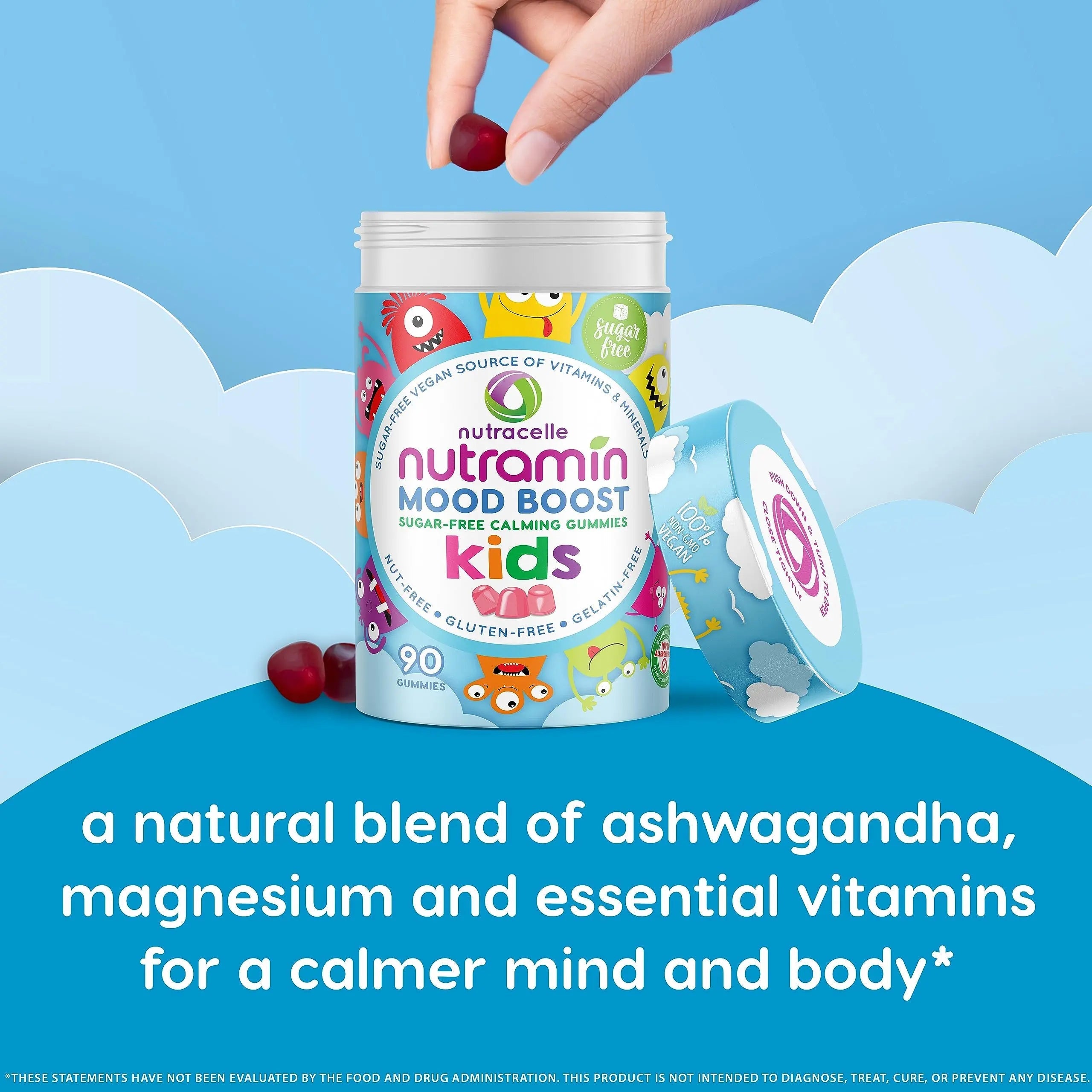 NUTRAMIN Kids Mood Boost Vegan Vitamin Gummy: Calming Magnesium Citrate Supplement for Children with Ashwagandha & Vitamin B Complex to Relax & Focus Nutracelle