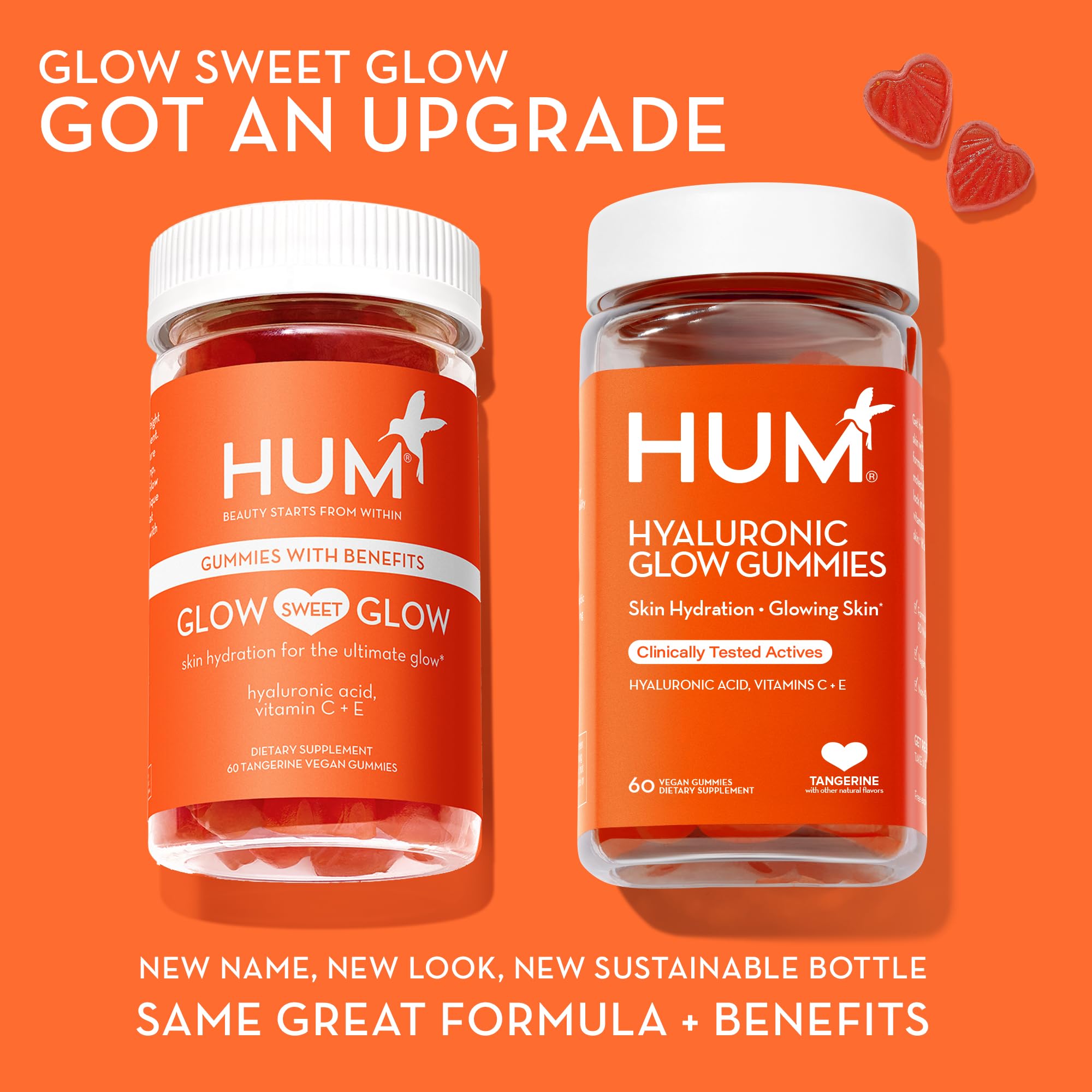 HUM Hyaluronic Glow Hydrating Skin Care Supplement, with Low Molecular Hyaluronic Acid, Vitamin C from Amla Fruit, and Vitamin E, Antioxidant Support for Skin Hydration, Tangerine, 60 Vegan Gummies HUM buy supplements Au