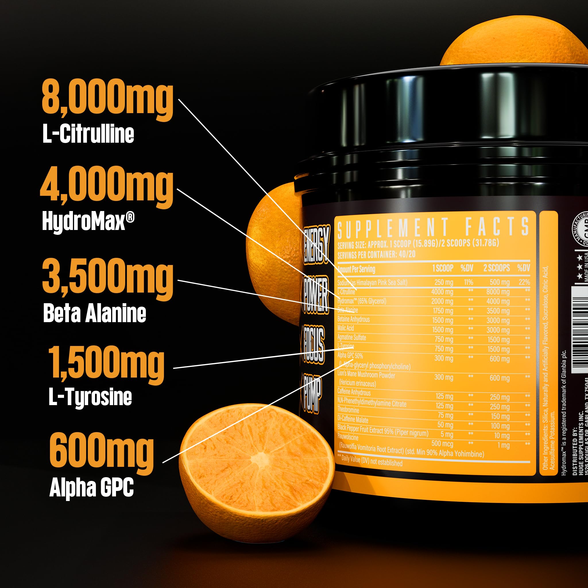Huge Supplements Wrecked Pre-Workout, 30G+ Ingredients Per Serving to Boost Energy, Pumps, and Focus with L-Citrulline, Beta-Alanine, Hydromax, and No Useless Fillers, 40 Servings (Orange Burst)
