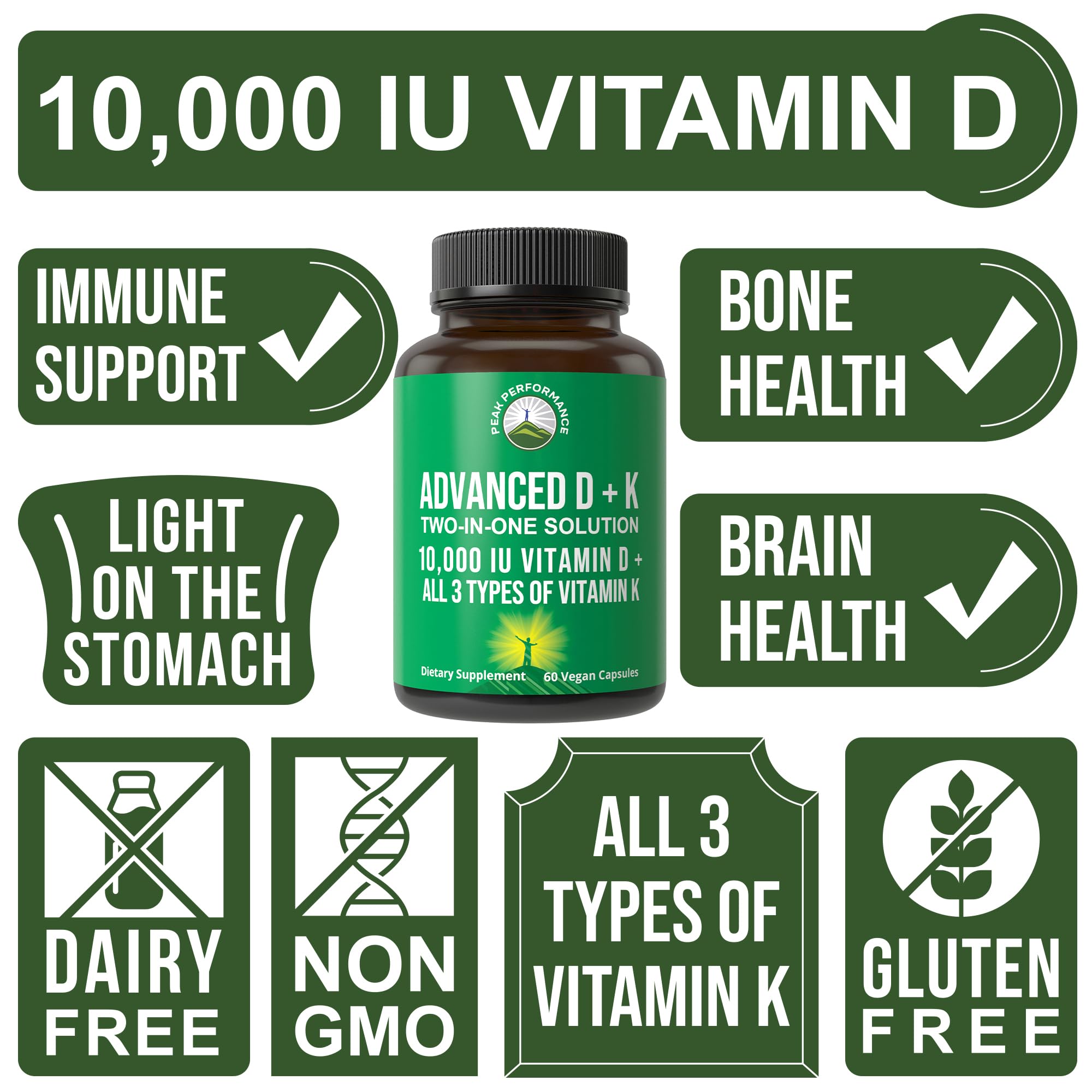 Peak Performance Advanced Vitamin D 10000 IU with All 3 Types of Vitamin K - 10,000 Vitamin D3 and Vitamin K2, K1, MK-7 (MK7), MK4 Capsules Supplement - 60 Small and Easy to Swallow Pills Peak PerformanceBuy Supplements Australia