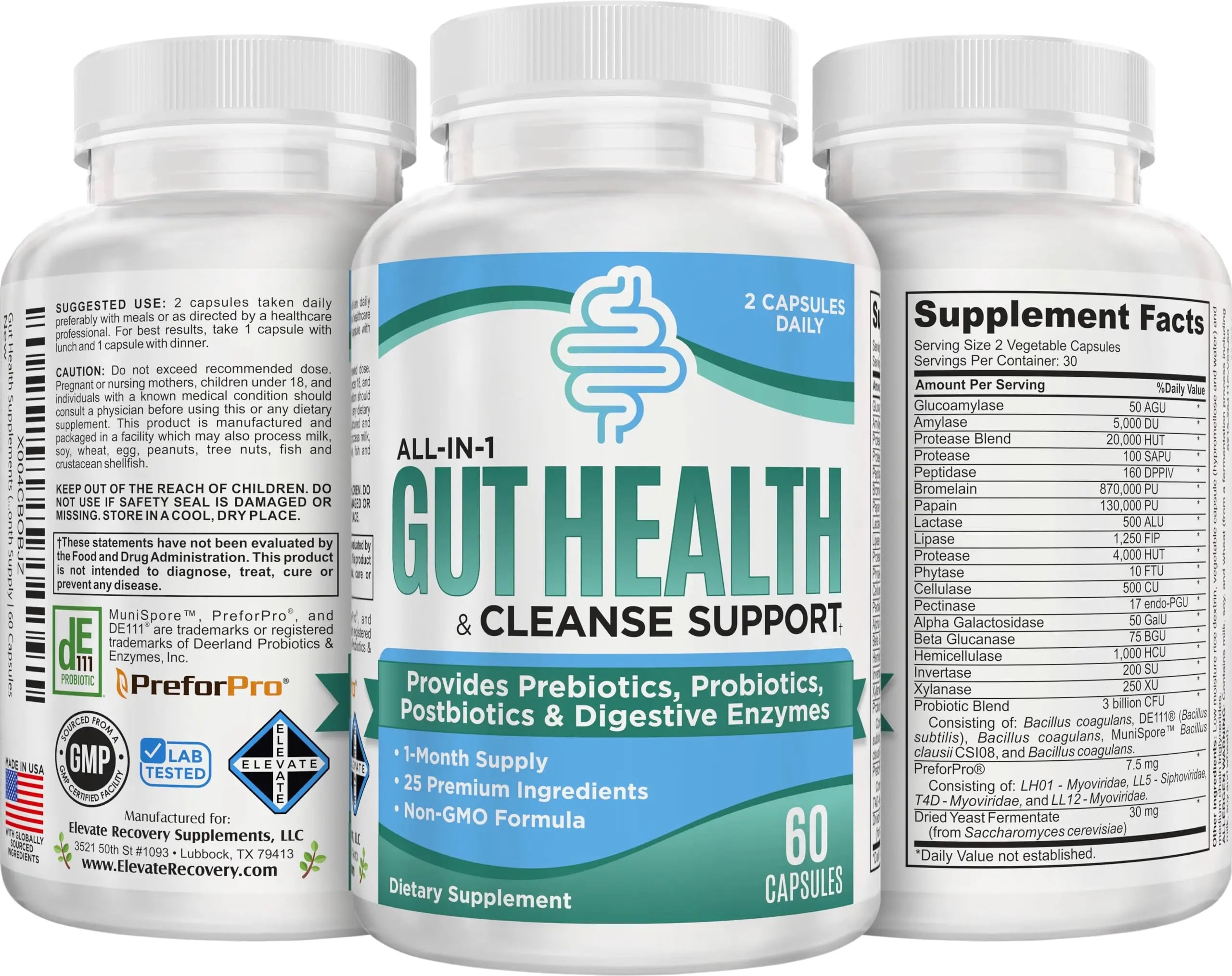 Gut Health Support Supplement (25-in-1) with Prebiotics, Probiotics, Postbiotics & Digestive Enzymes | Gut Supplements | 60 Capsules Elevate Recovery SupplementsBuy Supplements Australia