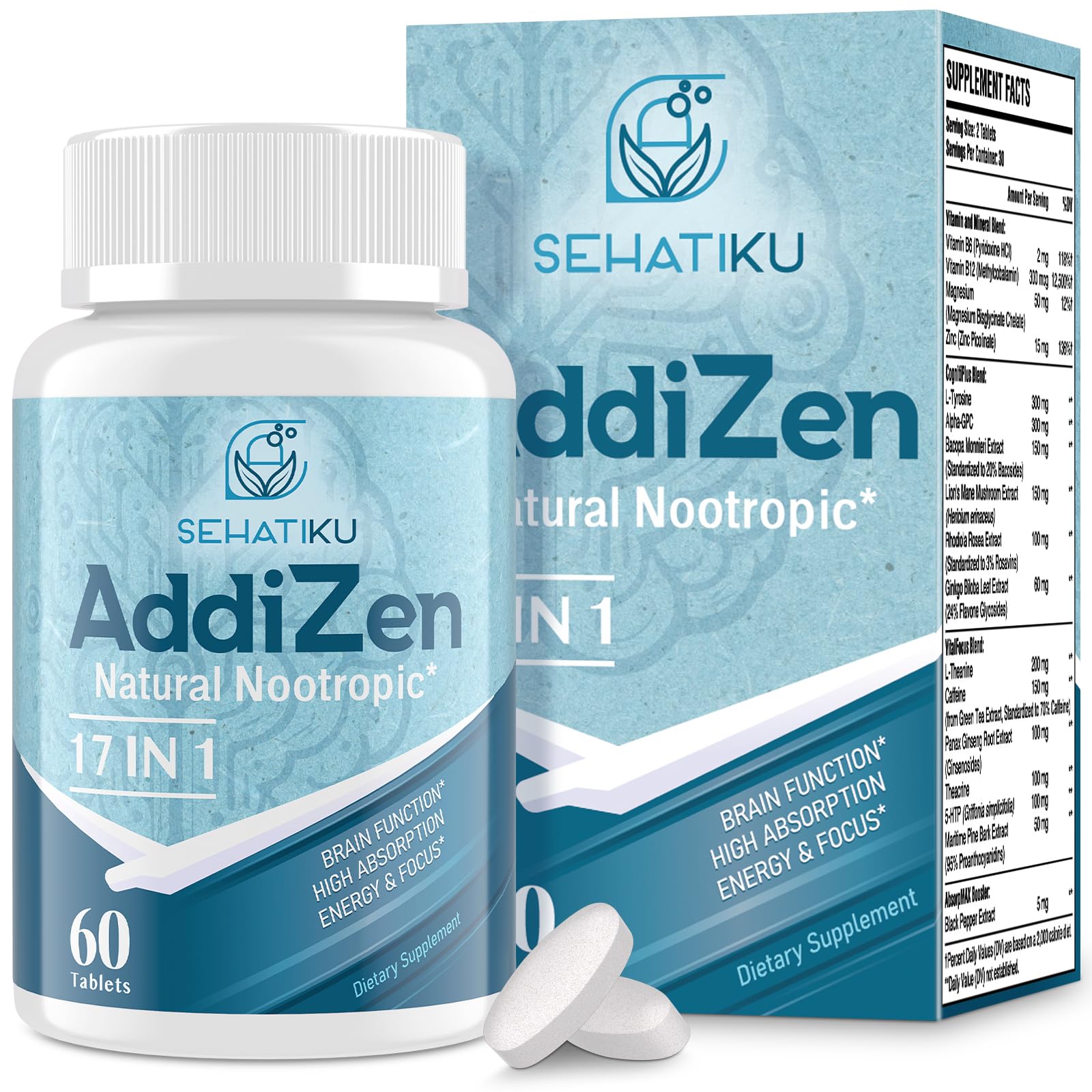 17-in-1 Brain Supplement for Memory and Focus | Natural Nootropics Brain Supplement for Brain Cognition, Energy | High Absorption | L-Theanine, Phytonutrient Blend and Vitamins B6, B12 | 60 Tablets SehatiKuBuy Supplements Australia