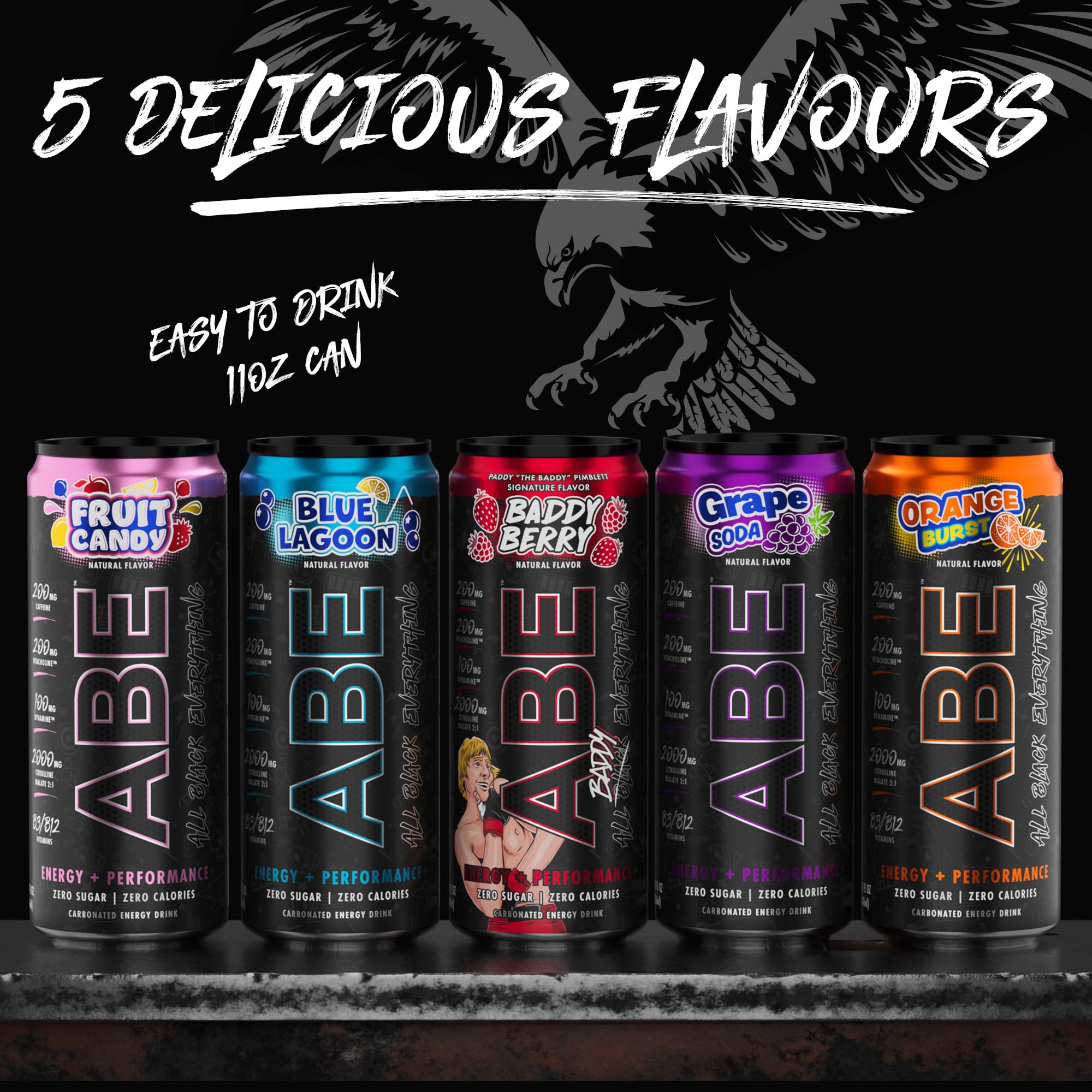 ABE Energy + Performance Sugar Free Energy Drink - All Black Everything Drink With Caffeine, VitaCholine, Dynamine, Citrulline Malate (11oz Can - Pack of 12) (Orange Burst)