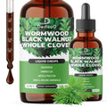 Two bottles of Dedica Wormwood Black Walnut Whole Clove liquid drops with dropper on a white background.