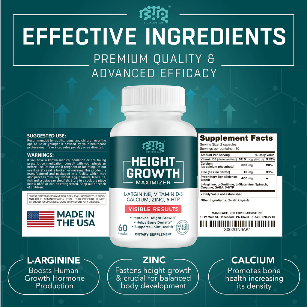 BIOTEQUELAB Height Growth Maximizer, Calcium, Vitamin D3 and Zinc Blend Pills, Bone Growth Supplement for Kids and Teens, Bone Strength, Density Support, GMO-Free, Gluten-Free, Made in USA, 60 Caps BTQ BIOTEQUE LABBuy Supplements Australia