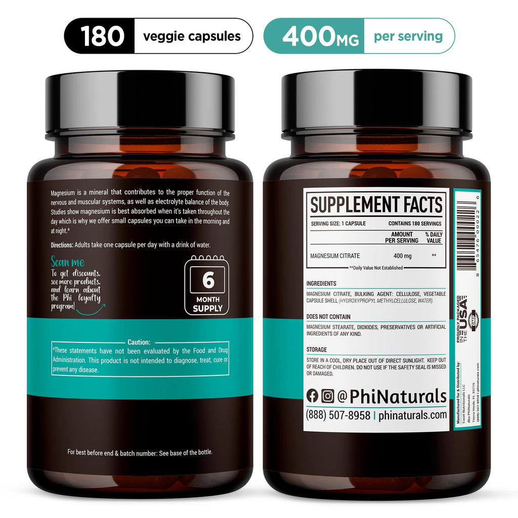 Magnesium Citrate Powder Capsules 400mg - 180 Count Veg Caps - PhiNaturals Supplements - Nervous System Support and Enzyme Function