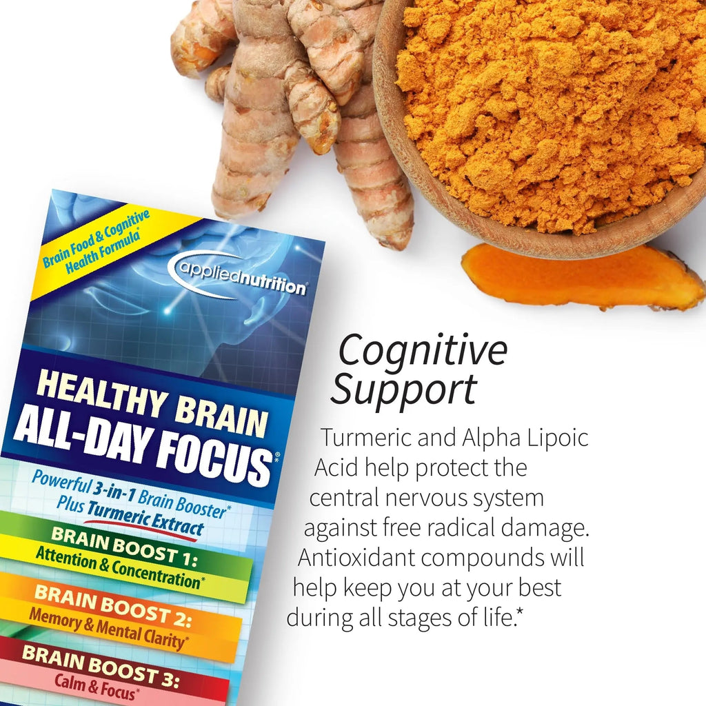 Applied Nutrition Healthy Brain All-Day Focus - 50 Tablets - Powerful 3-in-1 Brain Booster with Turmeric Extract - 25 Servings Applied NutritionBuy Supplements Australia