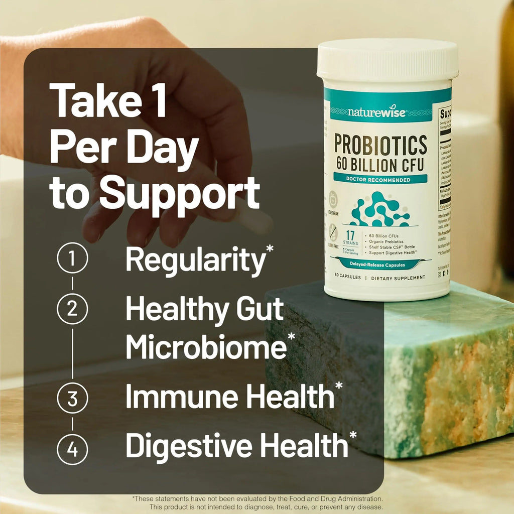 NatureWise Probiotics 60 Billion CFU - 17 Strains + Organic Prebiotics - Immune, Digestive & Gut Health Support for Women & Men - Vegetarian, Gluten-Free, Non-GMO - 30 Capsules[1-Month Supply] NatureWiseBuy Supplements Australia