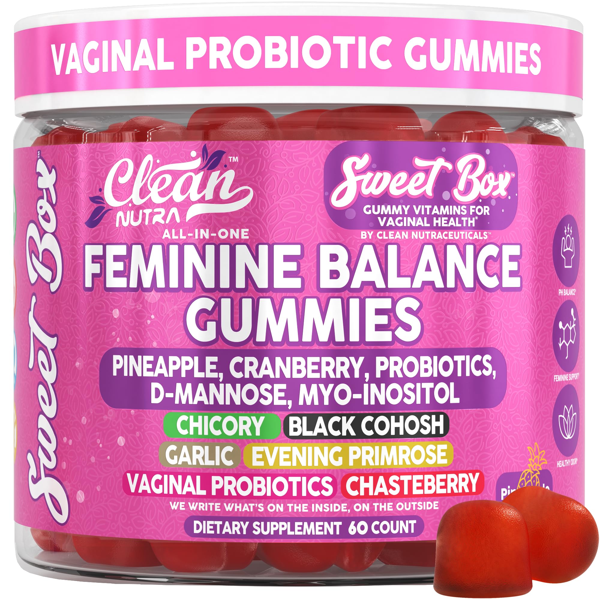Clean Nutra Feminine Balance Gummies for Women Pineapple VaginalProbiotics pH Balance Cranberry D Mannose Supplement Inositol Black Cohosh Evening Primrose Garlic Vitex GLA Prebiotics Folate 60ct Clean NutraceuticalsBuy Supplements Australia