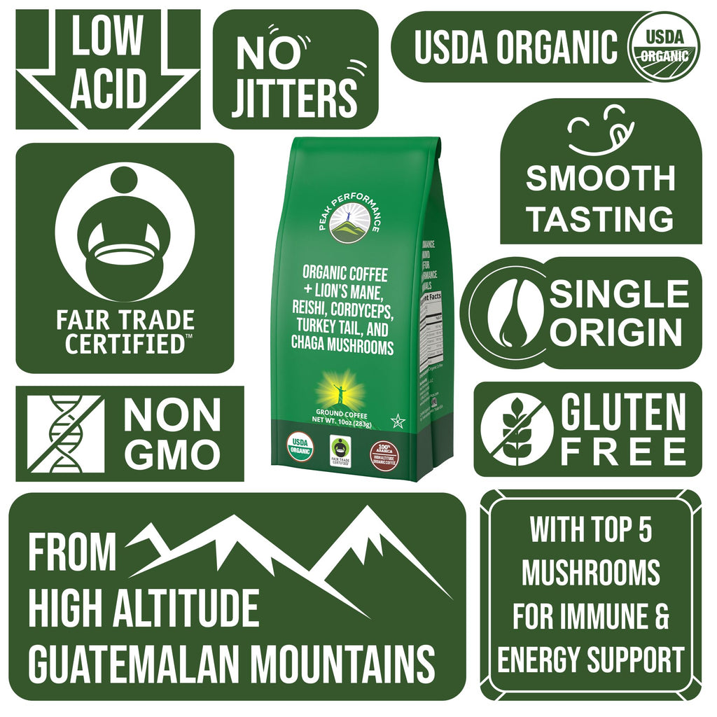 Organic Low Acid Mushroom Coffee with Lion's Mane, Reishi, Cordyceps, Turkey Tail, and Chaga Mushrooms - Great Tasting Premium High Altitude Medium Roast Ground Bags 10 oz by Peak Performance Peak PerformanceBuy Supplements Australia