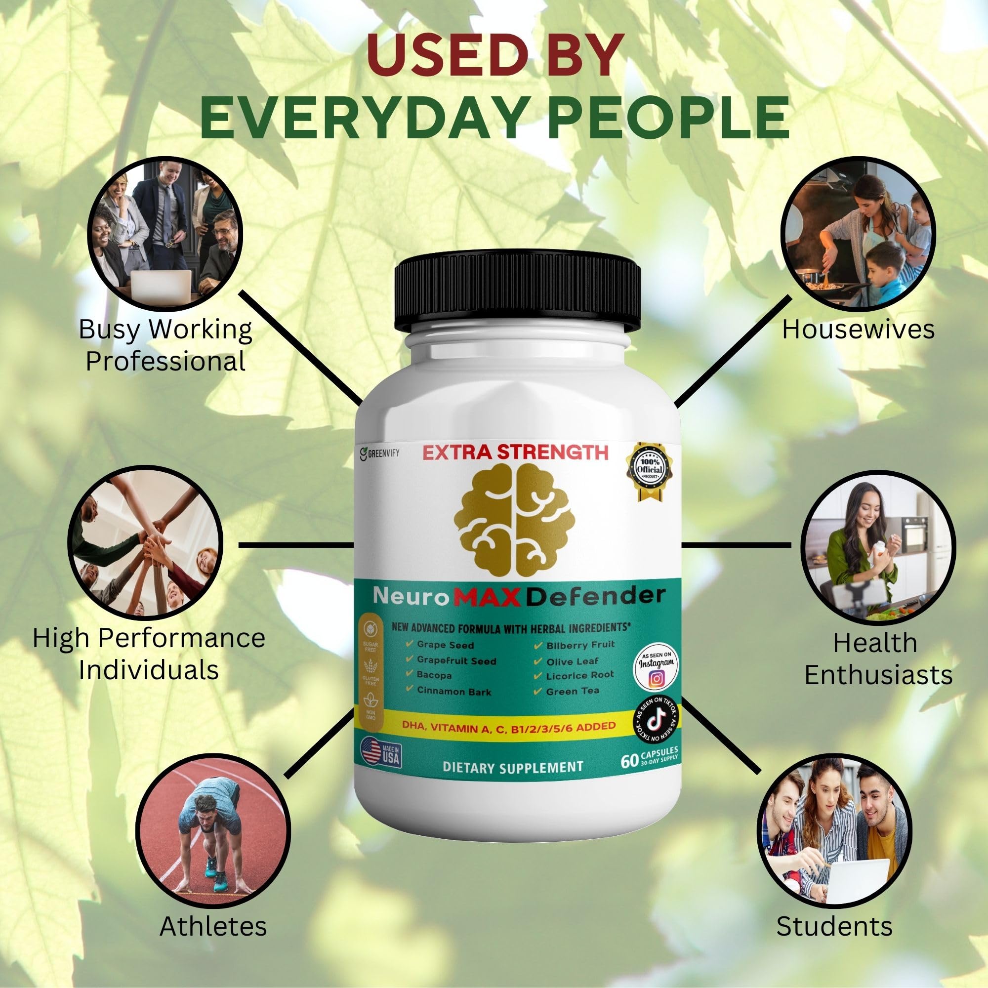 GREENVIFY NeuroMAX Defender Extra Strength Brain Support Supplement with Herbal Blend, 60 Capsules, DHA, B12, Vitamins A C D E, Selenium, 30-Day Supply (1) GREENVIFYBuy Supplements Australia