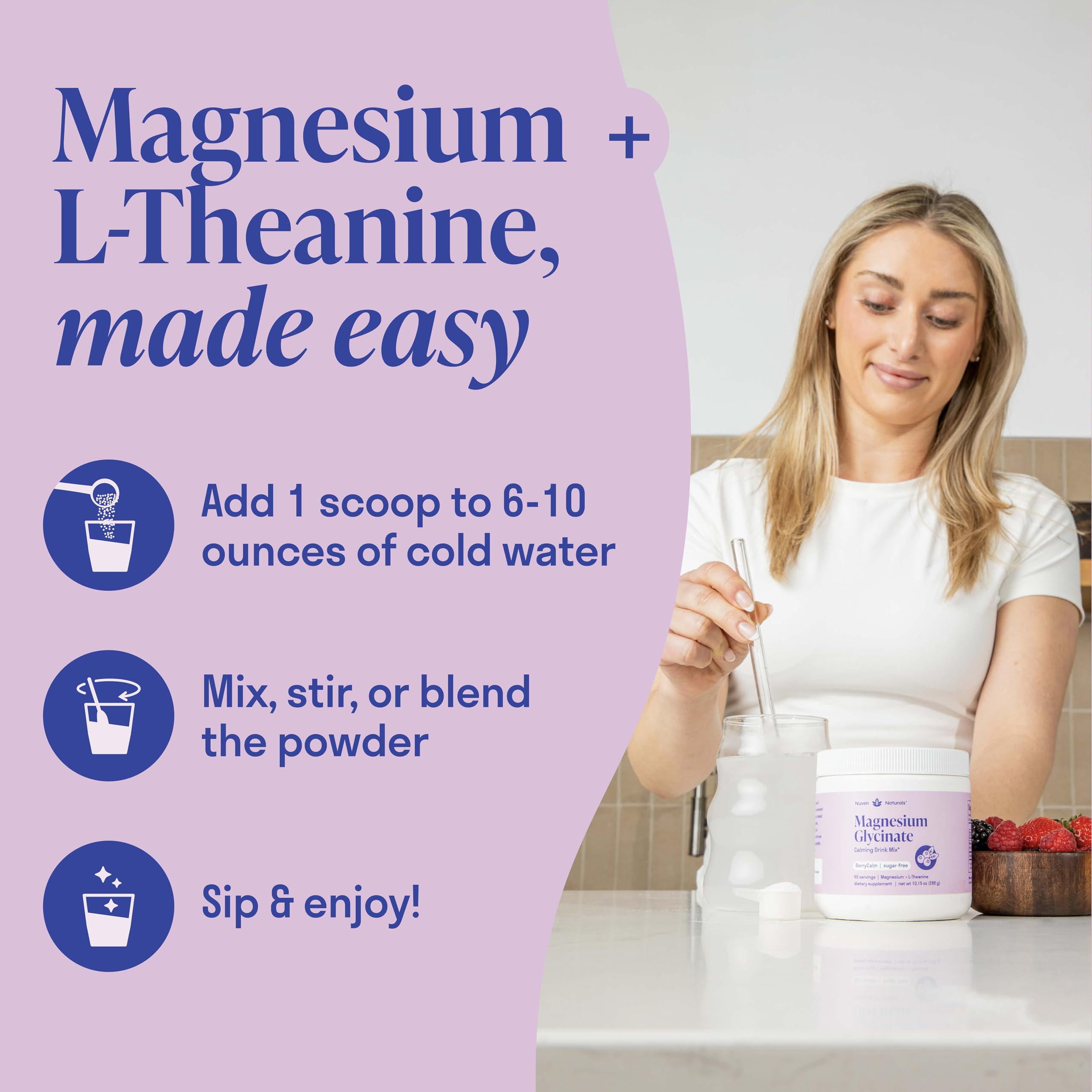 Magnesium Glycinate Powder + L-Theanine | 60 Servings | 300 mg per Scoop High Absorption Chelated Magnesium Powder for Sleep - Natural Mixed Berry Flavor, No Sugar, Support Restful Sleep & Relaxation Nuven NaturalsBuy Supplements Australia