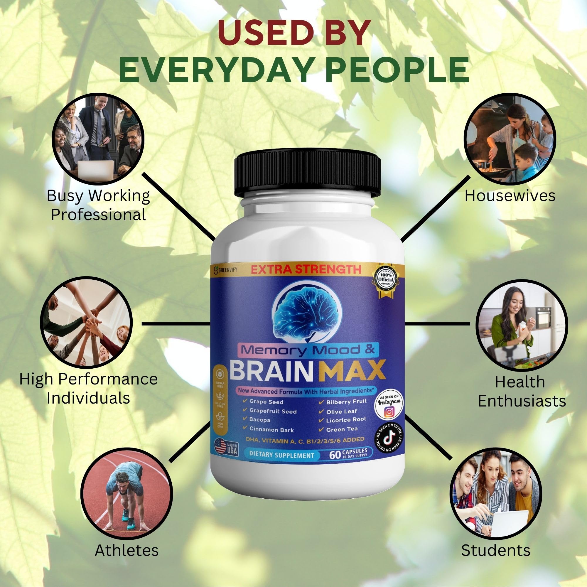 Memory, Mood & Brain Max Extra Strength Supplement with Herbal Ingredients, 60 Capsules, DHA, Vitamins, Bacopa, Green Tea (1) GREENVIFYBuy Supplements Australia