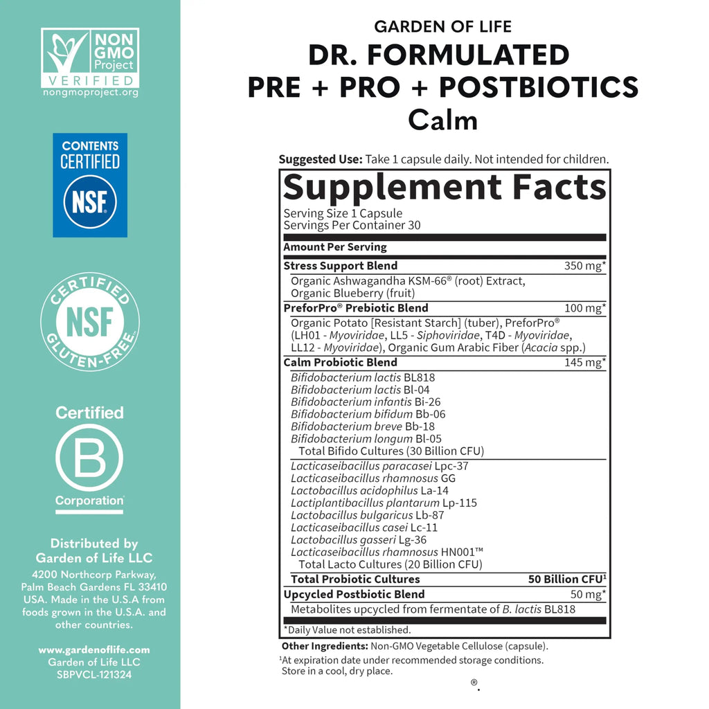 Garden of Life Dr. Formulated Pre, Post & Probiotics Calm 50 Billion CFU Daily 3-in-1 Complete Supplement with Ashwagandha – Mood Support, Digestive & Immune Support, 30 Vegetarian Capsules Garden of LifeBuy Supplements Australia