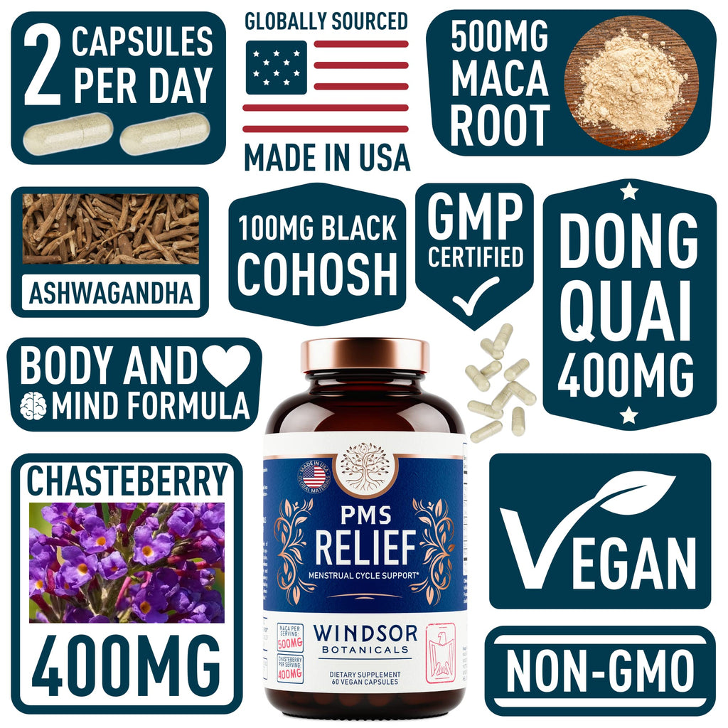 PMS Support Supplement for Women with Chasteberry, Maca Root, Ashwagandha - Period Relief, Bloating Relief for Women, Mood Support, Hormone Balance Herbal Supplements - 30 Day, 60 Vegan Capsules WINDSOR BOTANICALSBuy Supplements Australia