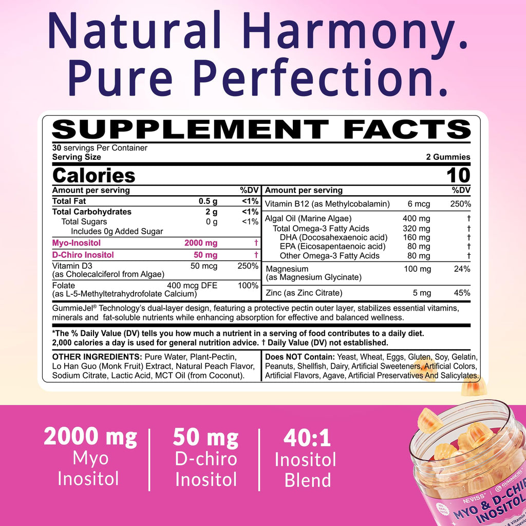 Myo-Inositol & D-Chiro Inositol, Hormone Balance for Women | Sugar Free Inositol Gummies w/Omega 3, MTHF Folate, Vitamin D3, B12, Magnesium & Zinc for Ovarian Health, Ideal 40:1 Ratio, Vegan, 60 Cts NEVISSBuy Supplements Australia