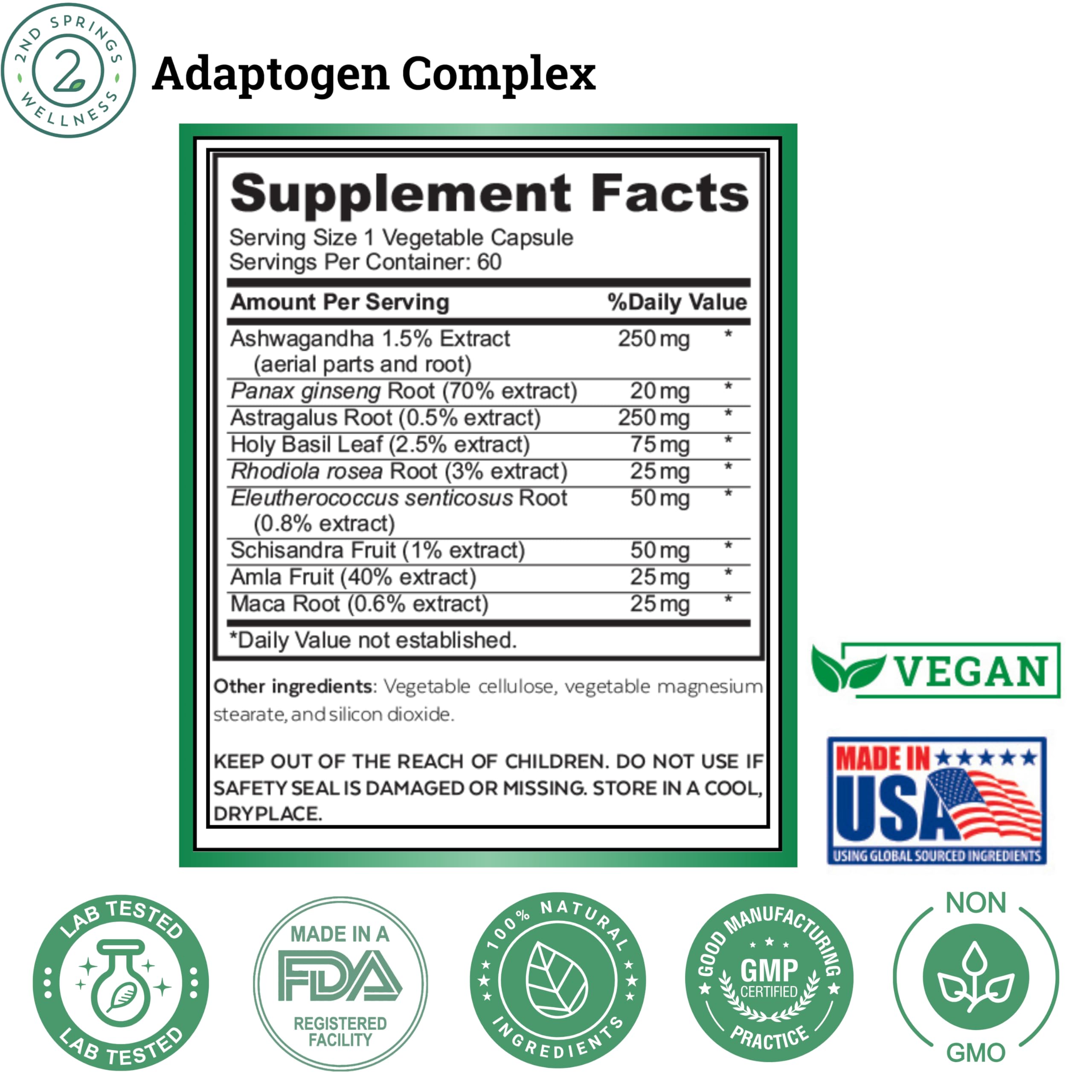 2nd Springs Adaptogen Complex Calmness, Energy and Vitality Booster - Ashwagandha, Schisandra, Astragalus, Ginseng, Rhodiola, and More - Adrenal Support Supplements - 60 Ct 2nd SpringsBuy Supplements Australia