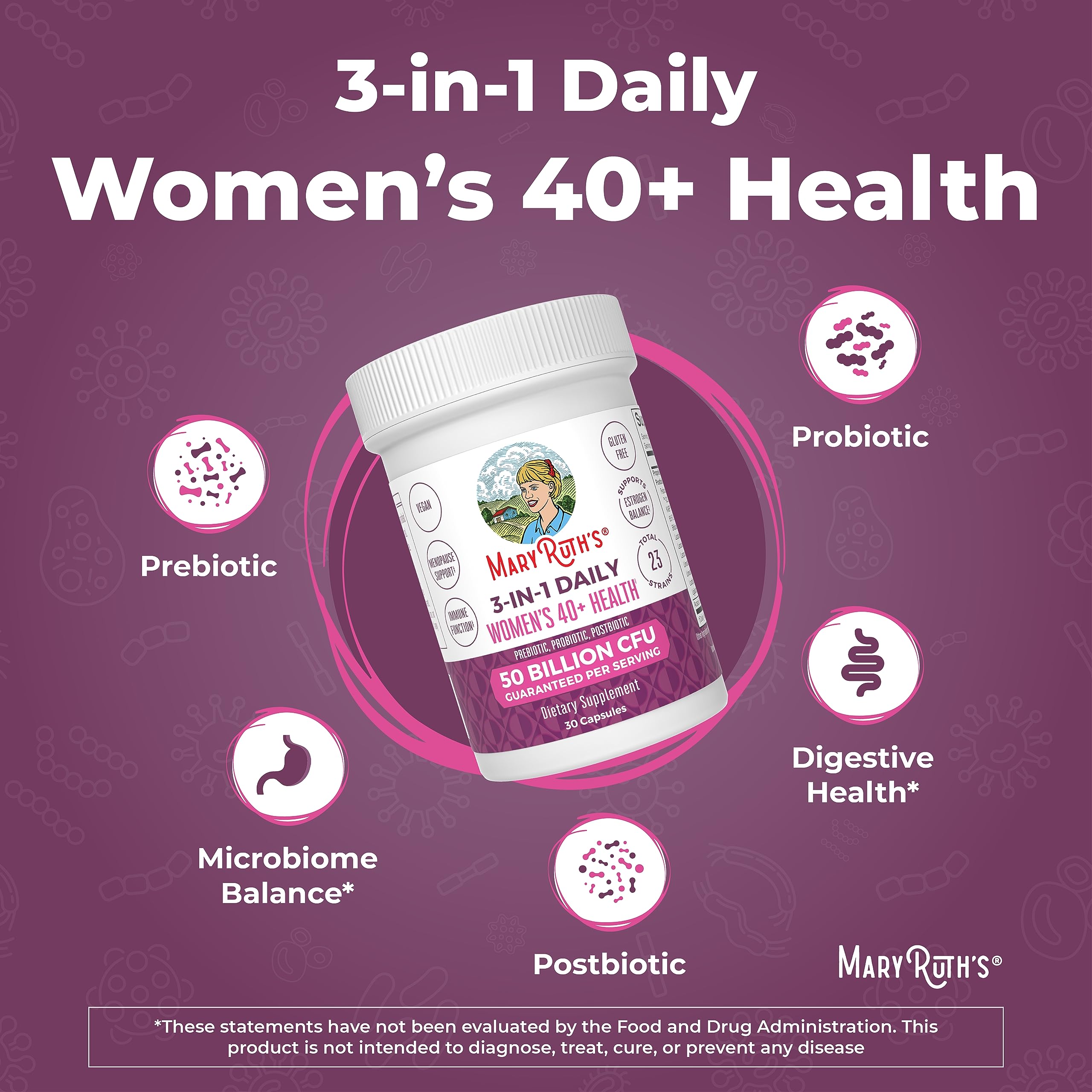 MaryRuth's 3-in-1 Daily Health 40+ Probiotics for Women | Hormonal & Menopause Support Supplement for Women | Gut Health Capsules | 50 Billion CFU | Allergen Free | 30 Ct MARYRUTH'SBuy Supplements Australia