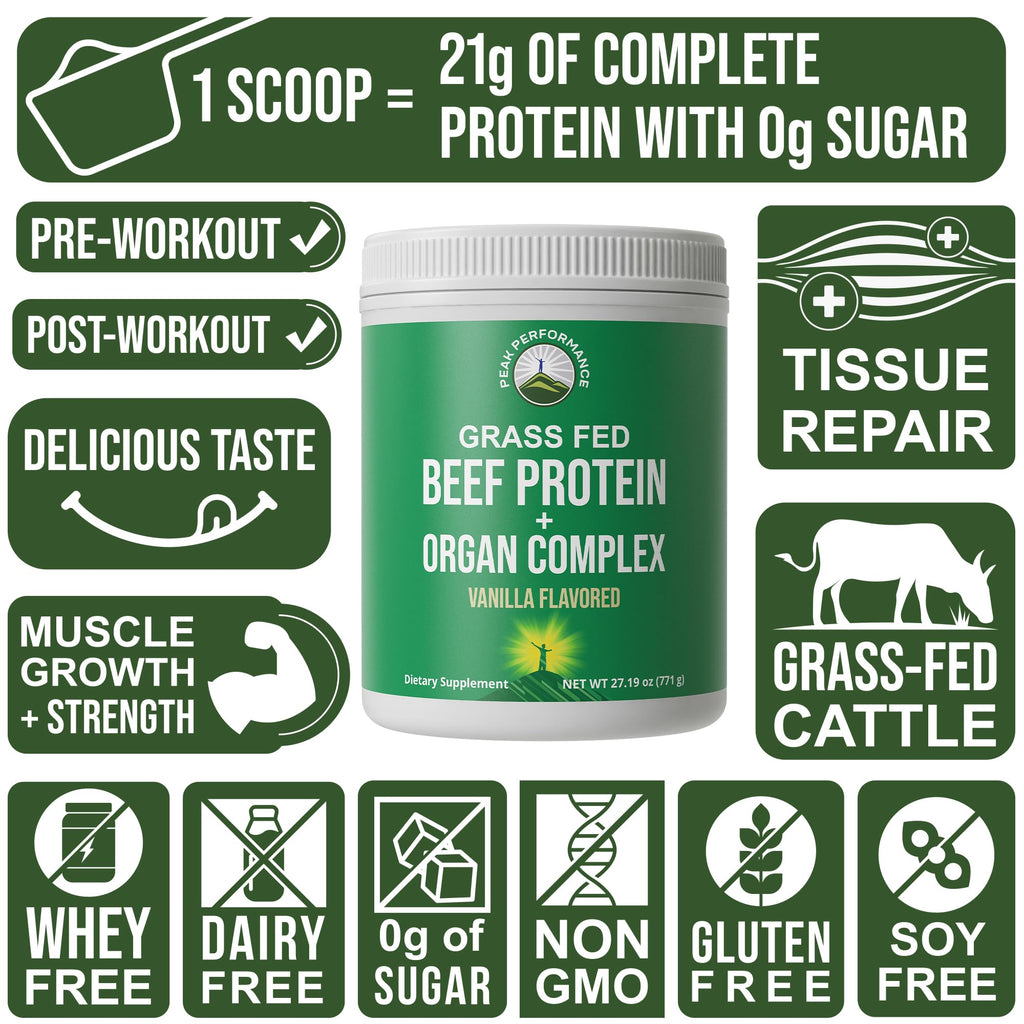 Grass Fed Beef Protein Powder + Organ Complex. Lactose Free Great Tasting Beef Protein Isolate. Animal Based Non Dairy No Whey Paleo Carnivore Supplement for Muscle Building. Vanilla Flavor Peak PerformanceBuy Supplements Australia