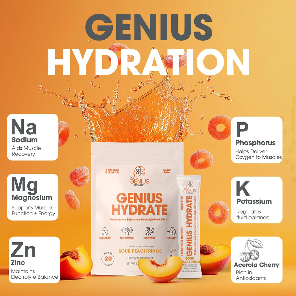 The Genius Brand Genius Hydrate - Electrolyte Supplement for Daily Hydration - Coconut Water - Sugar-Free - 8 Essential Minerals & Nutrients - Non-GMO - Sour Peach Rings - 20 Servings The Genius BrandBuy Supplements Australia