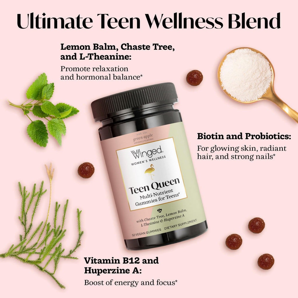Winged Wellness Multivitamin Gummies for Teen Girls - Teen Vitamins for Mood & Hormonal Health - Vegan Gummy Supplement with Chaste Tree, Lemon Balm, L-Theanine, Probiotics & Biotin - 50 Gummies Winged WellnessBuy Supplements Australia