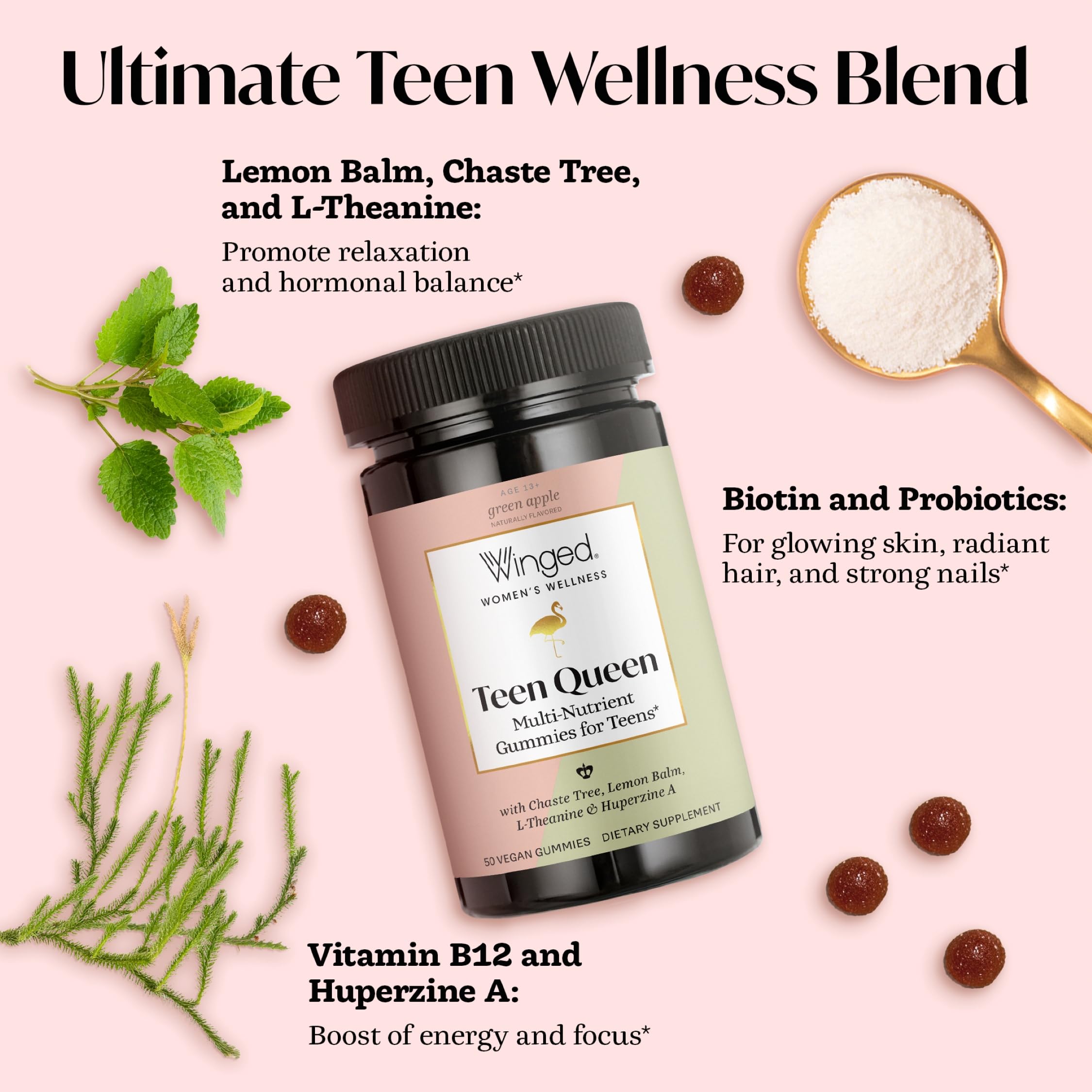 Winged Wellness Multivitamin Gummies for Teen Girls - Teen Vitamins for Mood & Hormonal Health - Vegan Gummy Supplement with Chaste Tree, Lemon Balm, L-Theanine, Probiotics & Biotin - 50 Gummies Winged WellnessBuy Supplements Australia