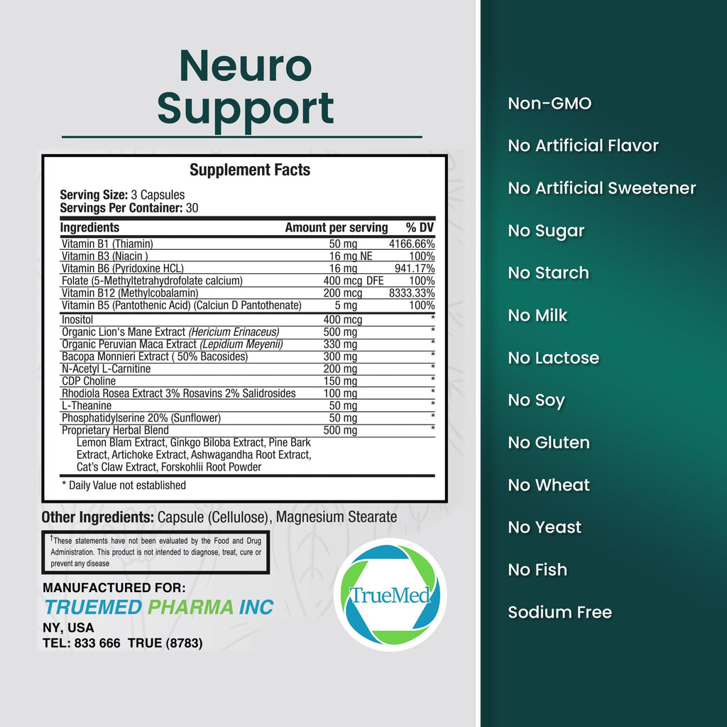 TrueMed Neuro Support - Premium Nootropic Supplement for Focus, Energy, Mental Clarity, and Performance Organic Lion’s Mane, Bacopa Monnieri, Rhodiola, Non-GMO Gluten-Free CDP Choline 90 Veg Capsules TRUEMEDBuy Supplements Australia