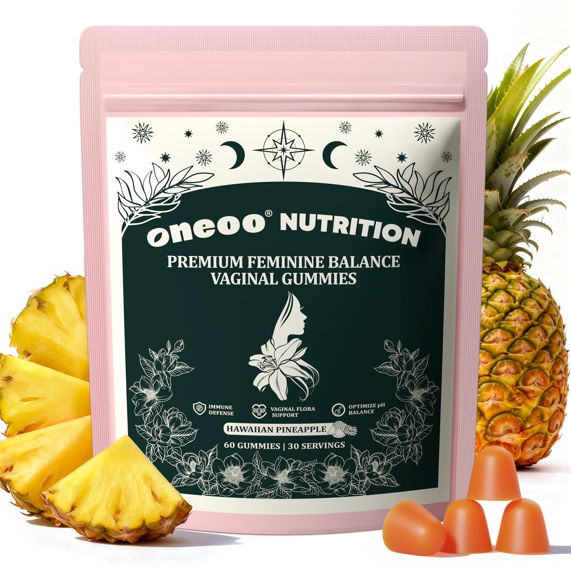 Oneoo Feminine Balance Gummies - Premium Balance Gummies for Women's pH Health, Feminine Gummy for Immune & Energy Support, Vegan, Gluten-Free, Hawaiian Pineapple, 60 Count OneooBuy Supplements Australia