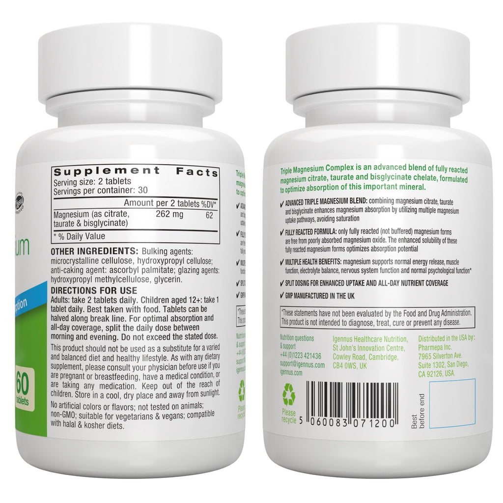 Igennus Superior Triple Magnesium Complex, Fully Reacted & Chelated Glycinate, Taurate & Citrate, Clean Label, High Bioavailability & Absorption, 60 Tablets, Vegan, Non-Buffered Igennus Healthcare Nutrition buy supplements Au